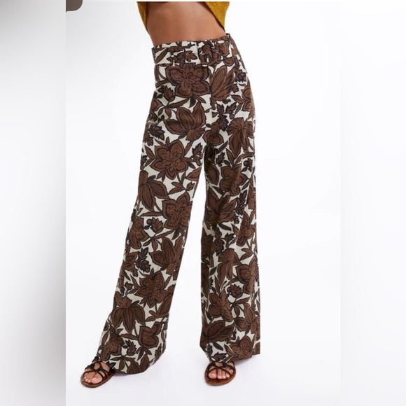Zara Pants - Zara Floral Wide Leg Pants Size S Boho Brown Print SIZE SMALL
